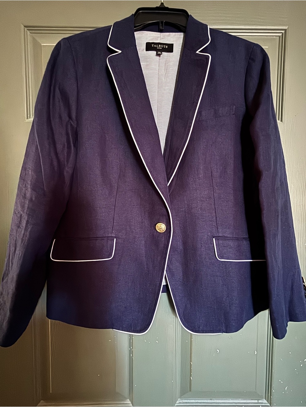 Talbots Navy Blazer with White Piping 14 Petite Linen